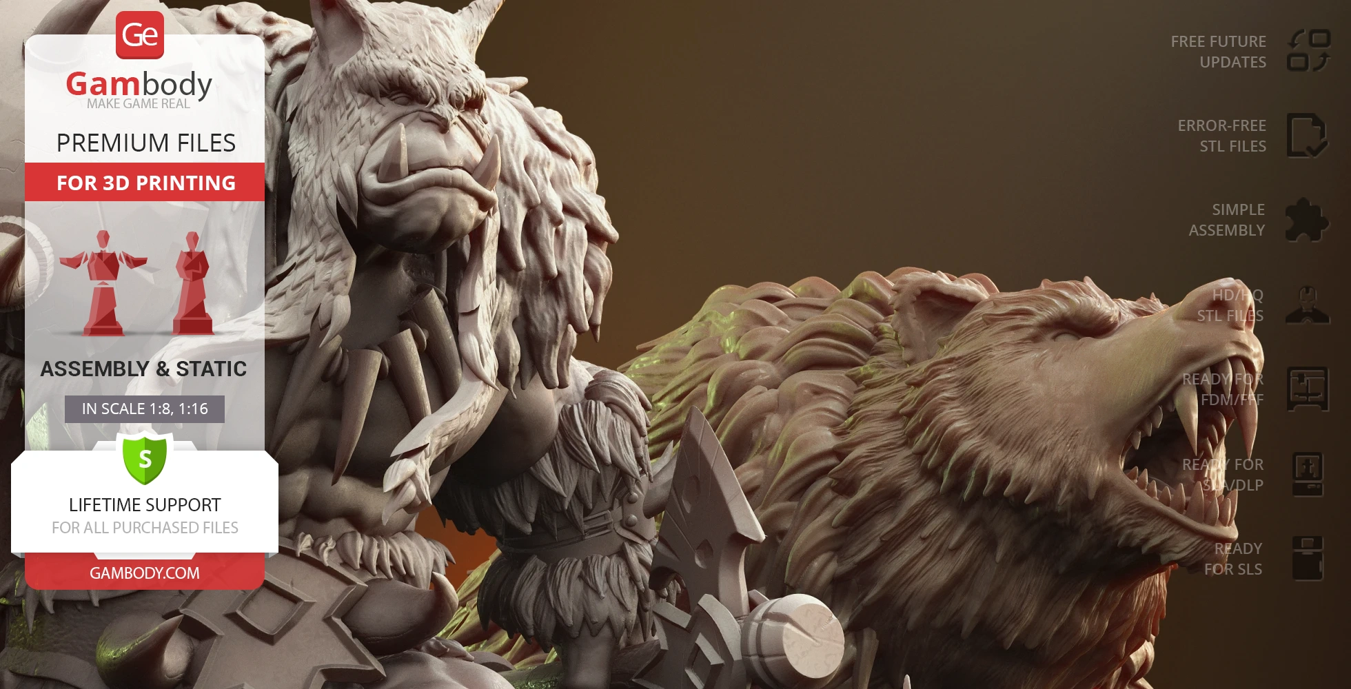 A warrior in armor with a large beast. Detailed 3D models ready for printing.
