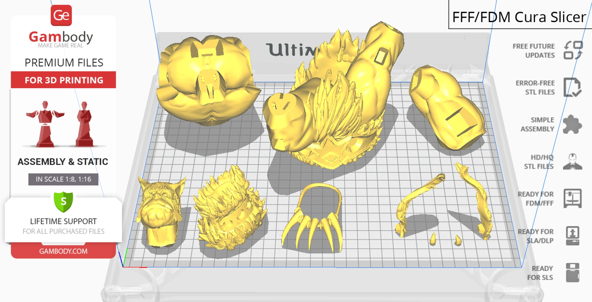 3D model parts of Rexxar and Misha for printing, displayed in slicing software.