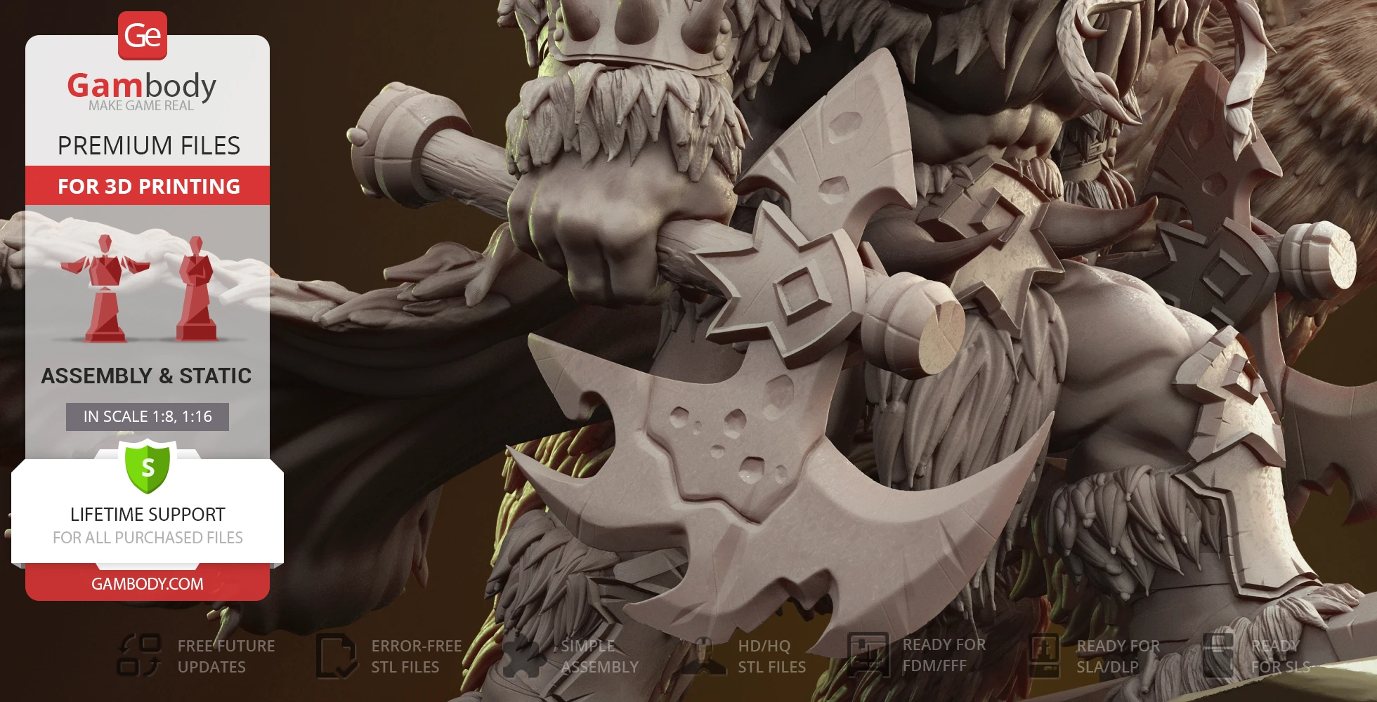 A detailed 3D model featuring a muscular character holding a large, ornate axe, ready for 3D printing.