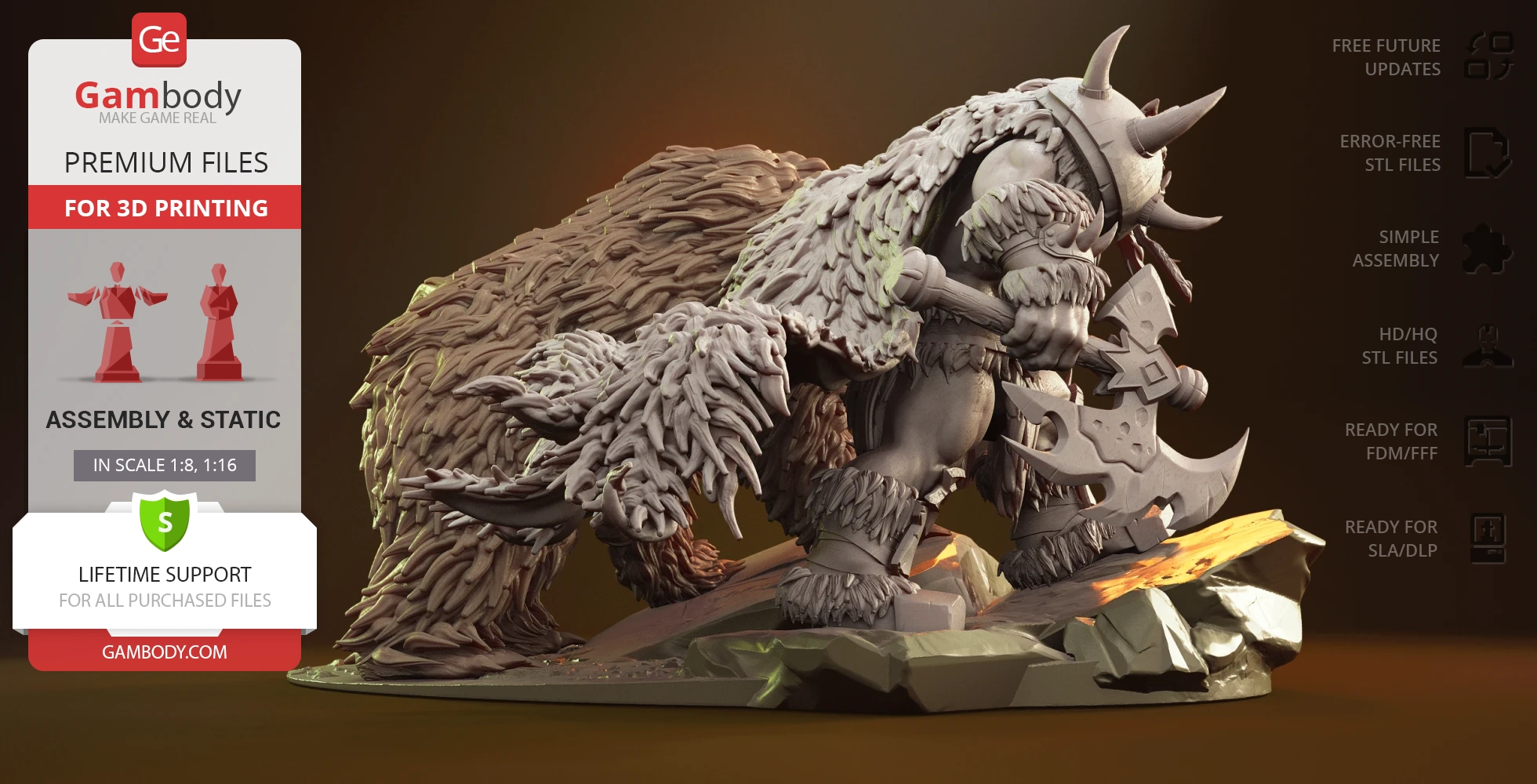 A detailed 3D model of a warrior with an axe and a large, furred animal on a rocky base.