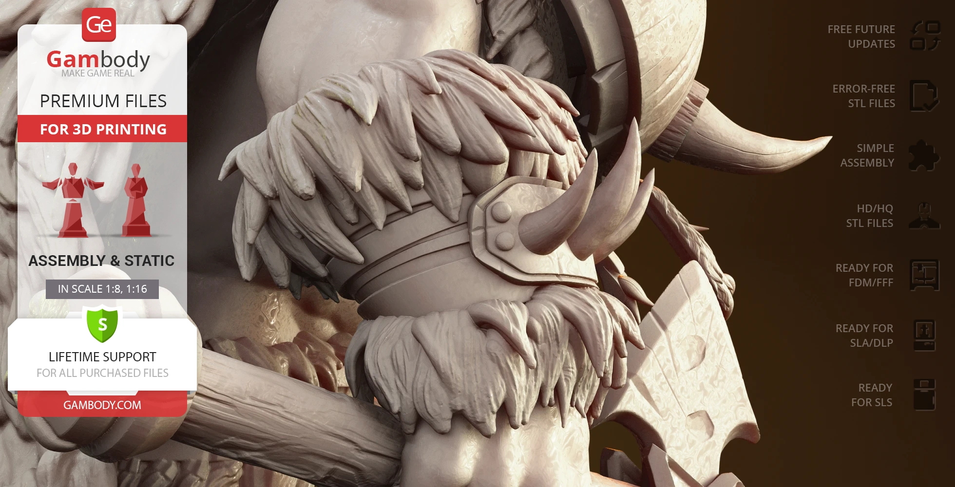 Close-up of a detailed 3D printed model with fur, armor, and horns; labeled for Gambody 3D printing.