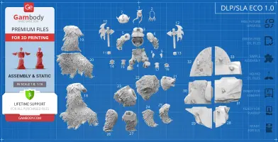 3D model parts for Rexxar and Misha from Gambody, displayed on a blueprint background.