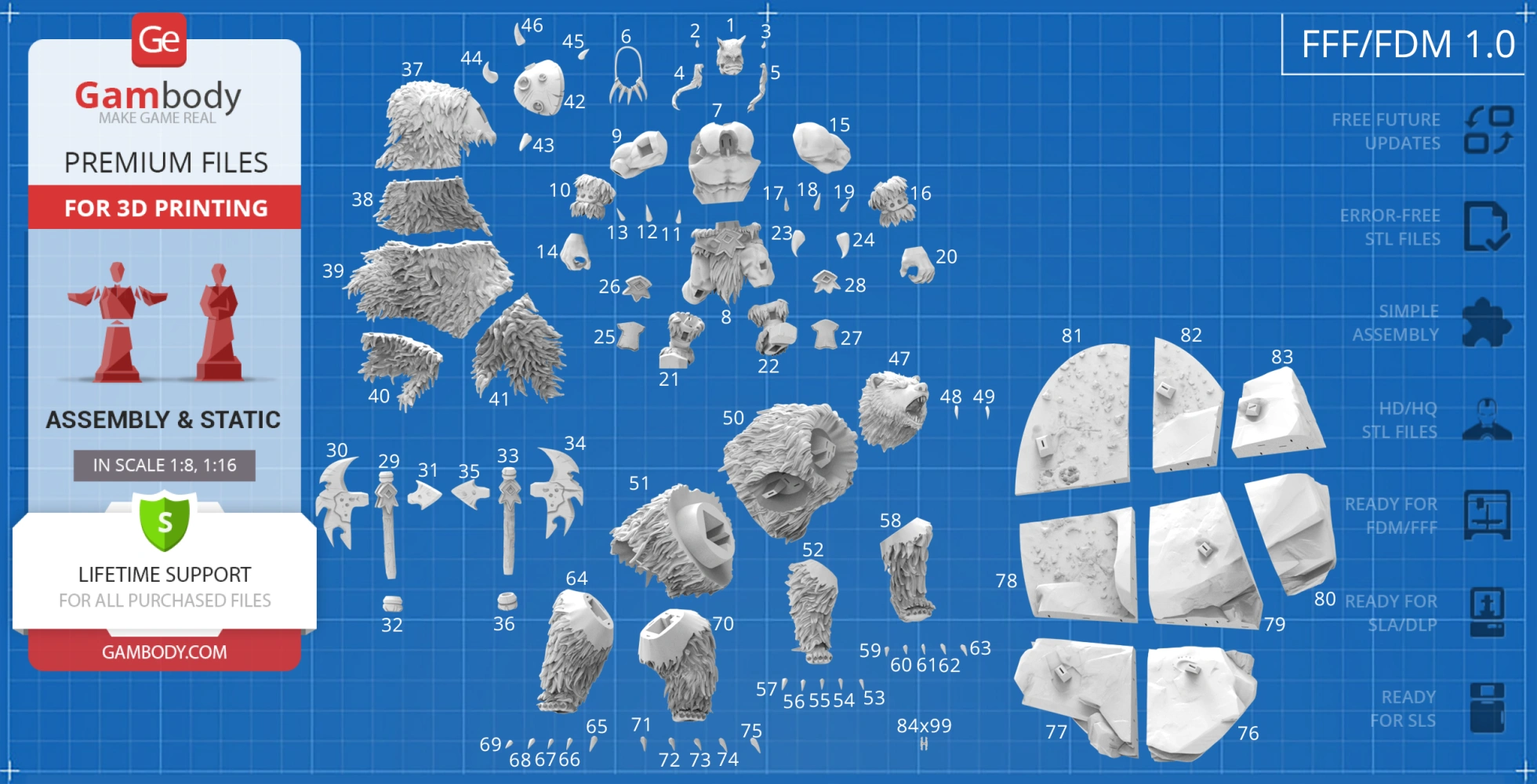 3D printable parts for Rexxar & Misha assembly, displayed on a blue grid with numbered components.