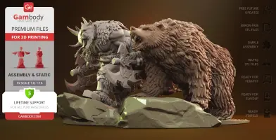 A detailed 3D model of a warrior with a large axe and a roaring bear beside him, ready for 3D printing.