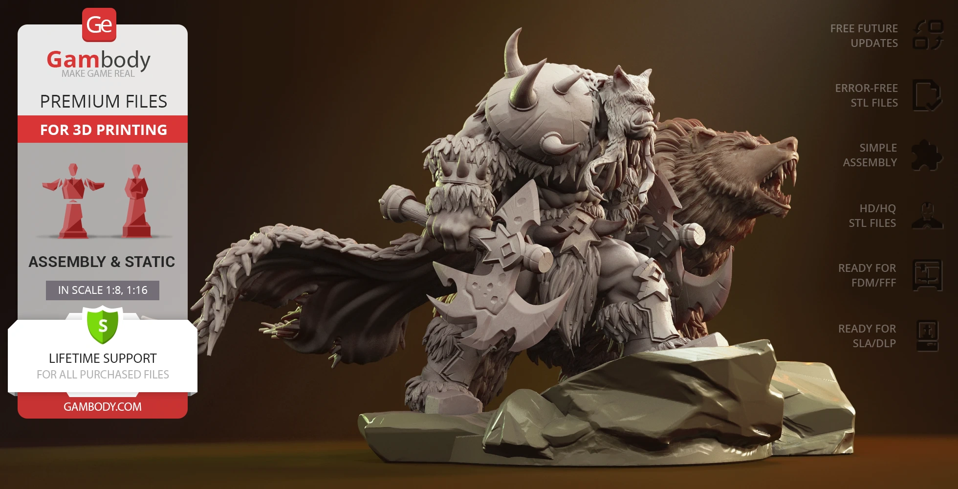 Orc warrior with horned helmet and axe alongside a snarling bear on rocky base, ready for 3D printing.