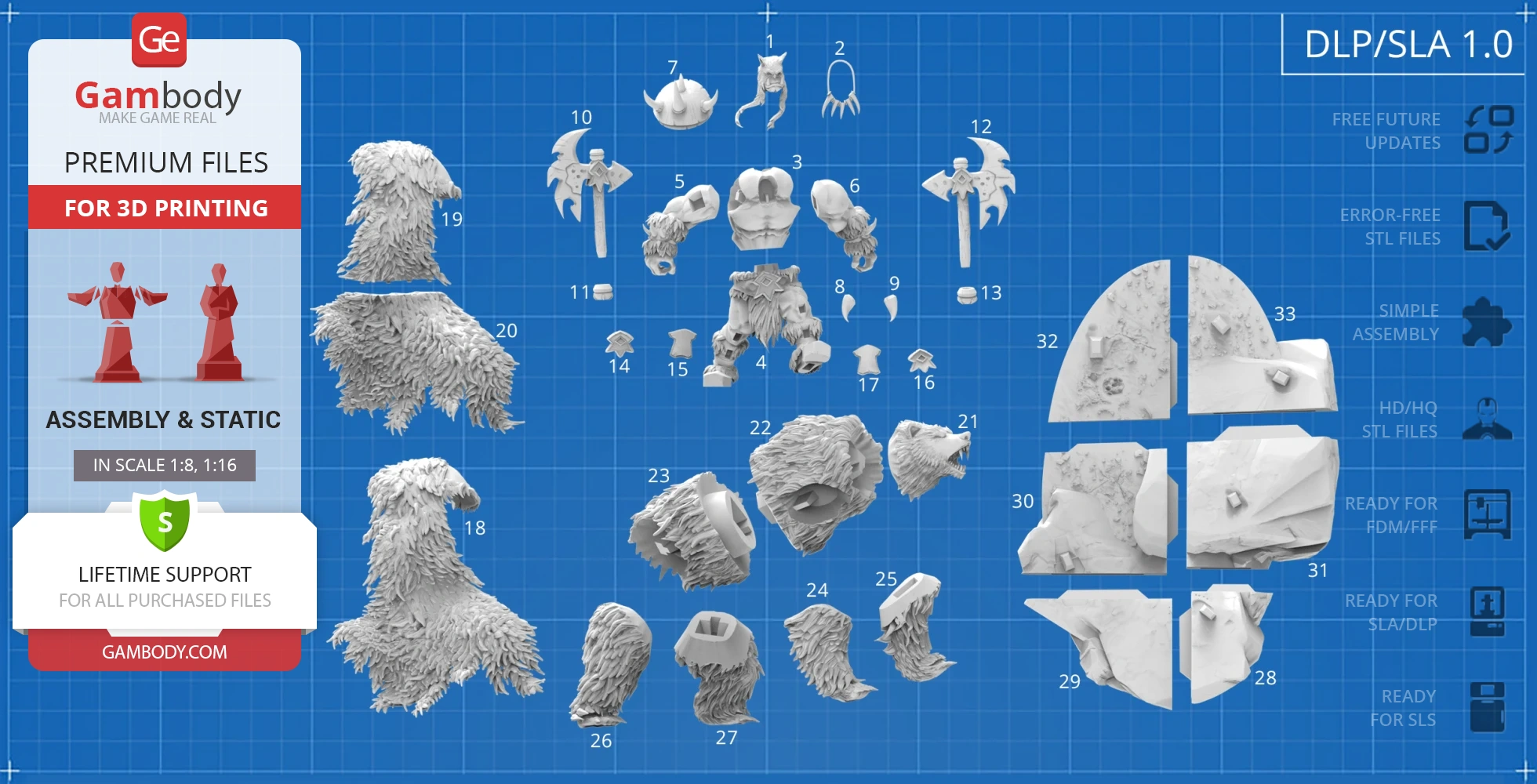 3D model parts of Rexxar and Misha for assembly, detail various body and accessory pieces.