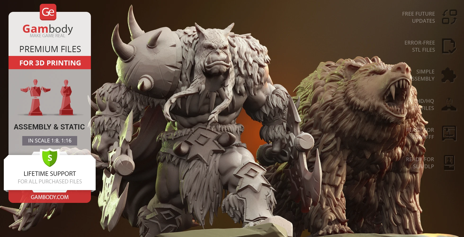 A muscular warrior with fur armor and a roaring bear companion, ready for 3D printing.