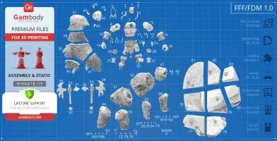 3D printable parts for Rexxar & Misha assembly, displayed on a blue grid with numbered components.
