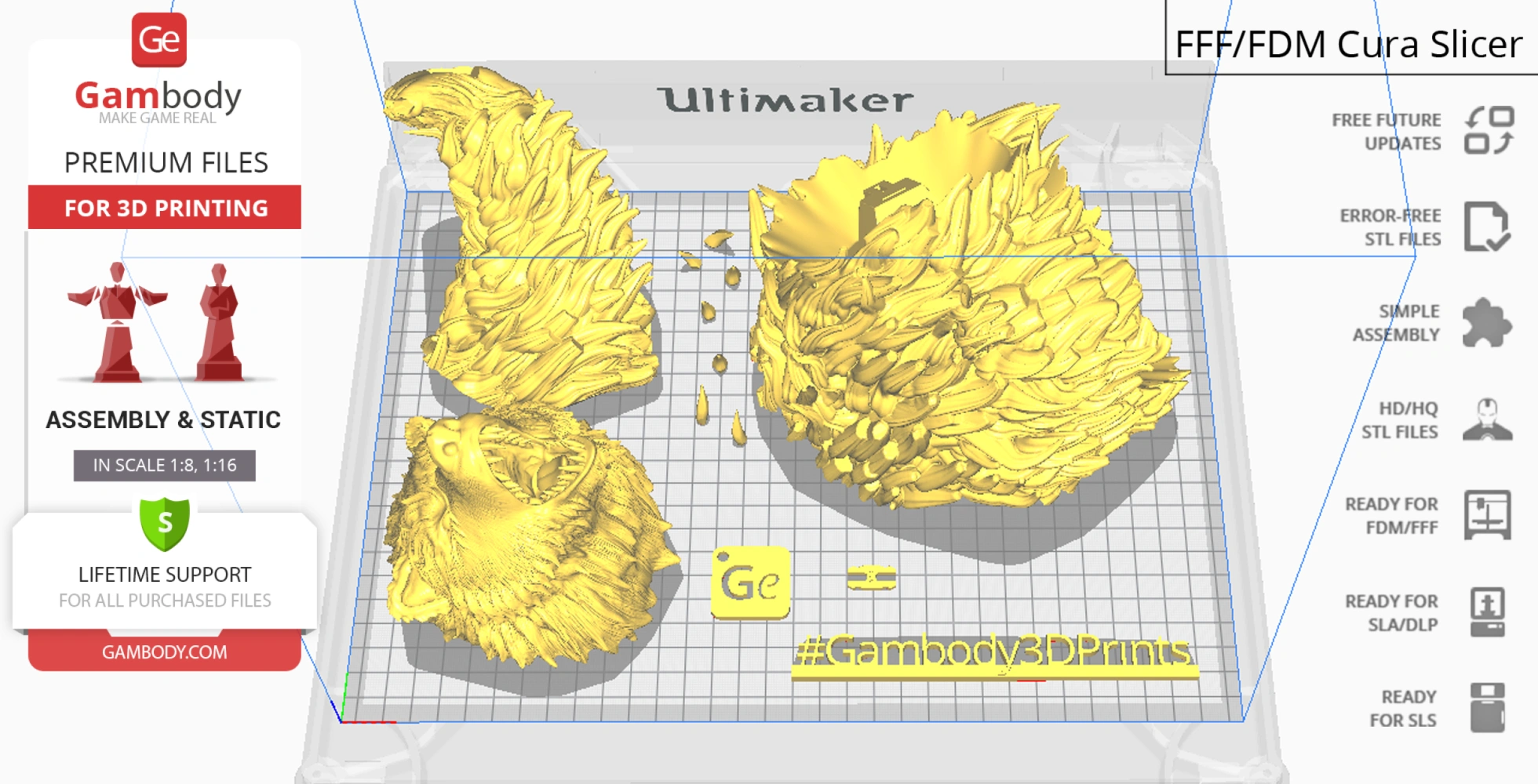 3D model slices of Rexxar and Misha for printing, displayed in yellow on a grid in Cura slicer.