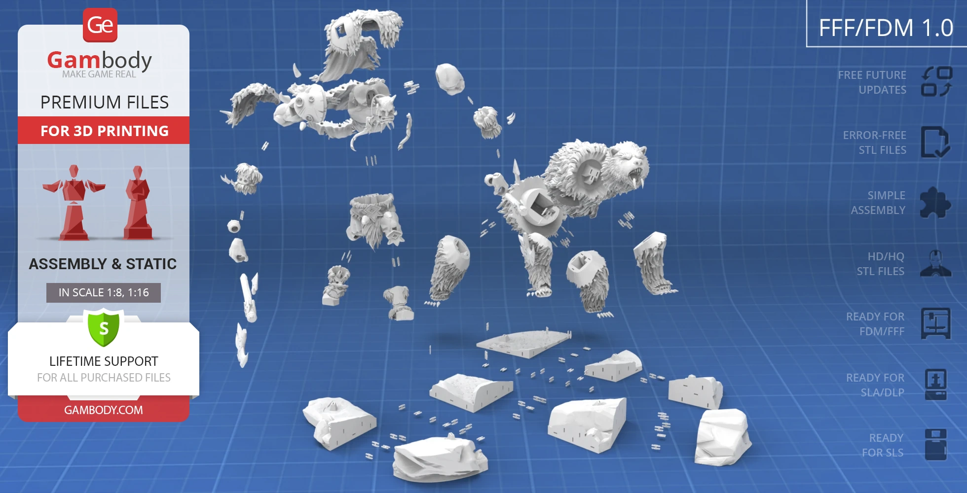 Exploded view of Rexxar & Misha 3D model parts for printing on a blue grid background.