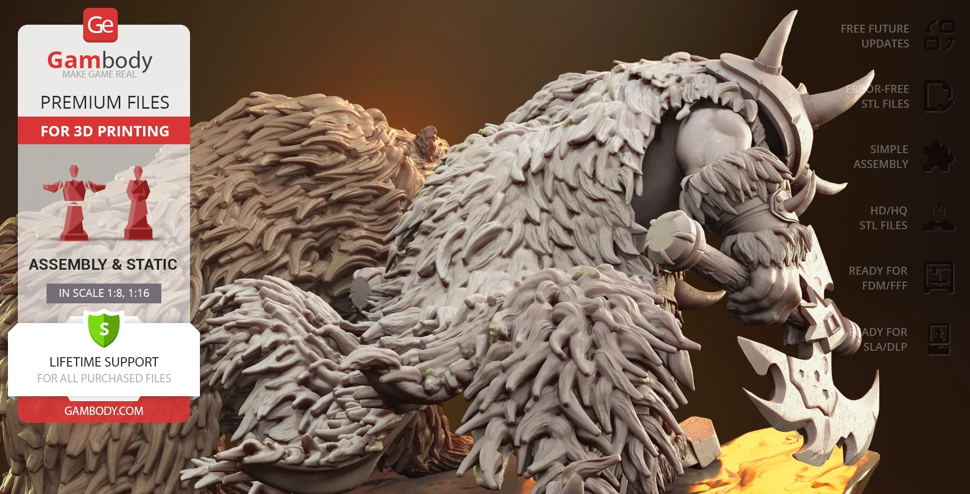 A detailed 3D model of a warrior and bear duo in fur armor, designed for 3D printing.