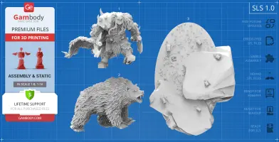 Orc warrior, bear, and rocky base 3D models from video games for printing, displayed on a blueprint background.