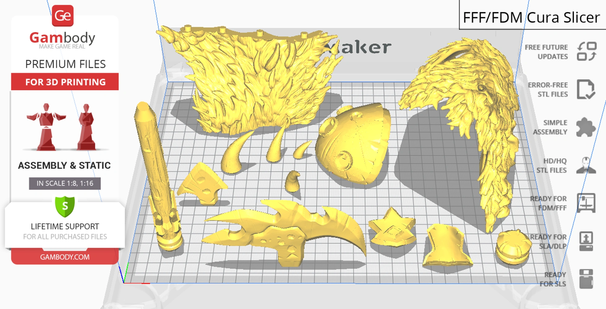 3D model parts for Rexxar & Misha, golden pieces laid out for printing.