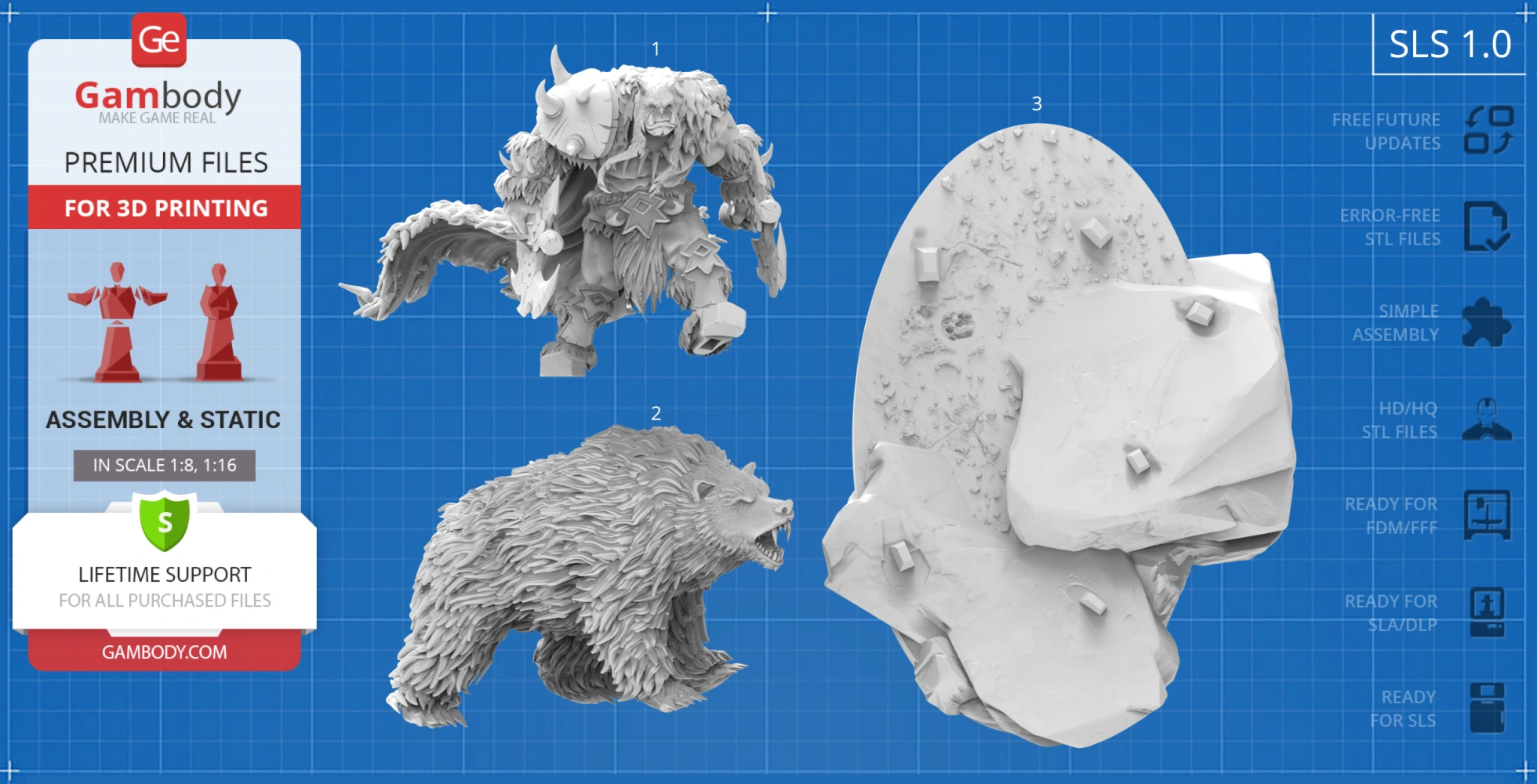 Orc warrior, bear, and rocky base 3D models from video games for printing, displayed on a blueprint background.