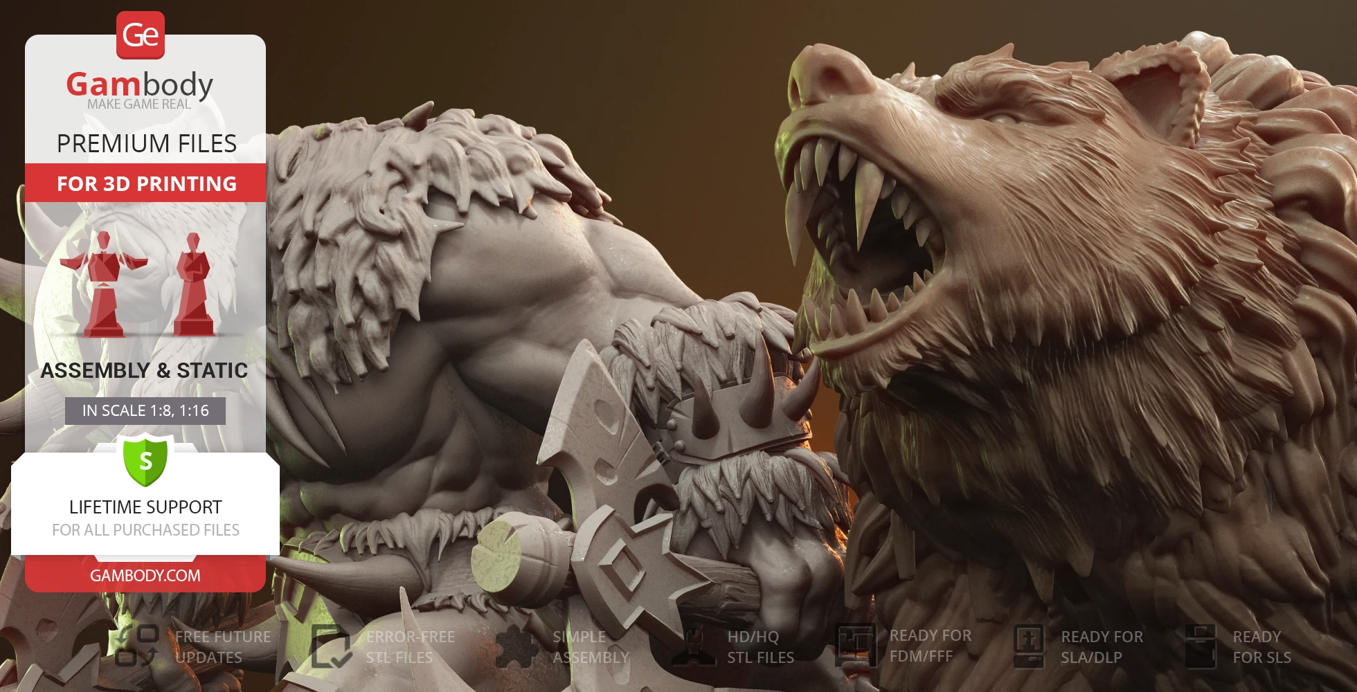 Fierce warrior with a crown and axe beside a snarling bear. Premium 3D print files from Gambody.