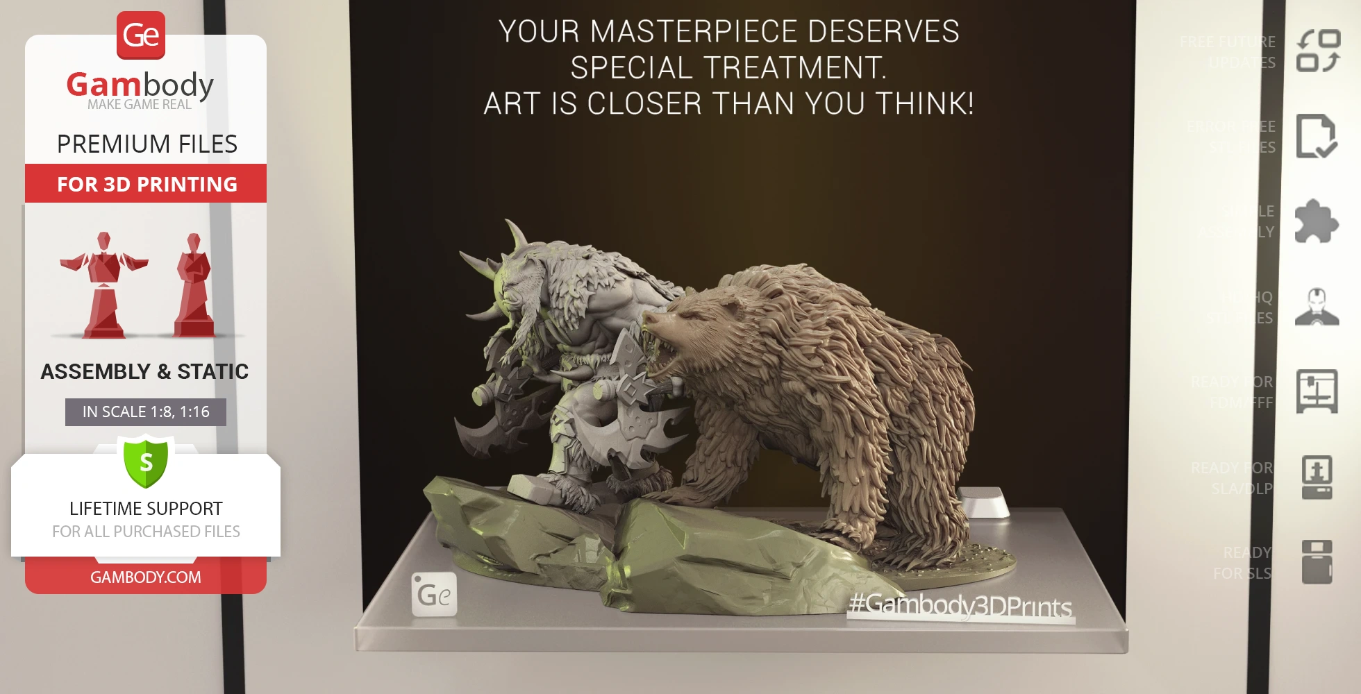 Detailed 3D models of a warrior with axes and a roaring bear, set on a rocky base.