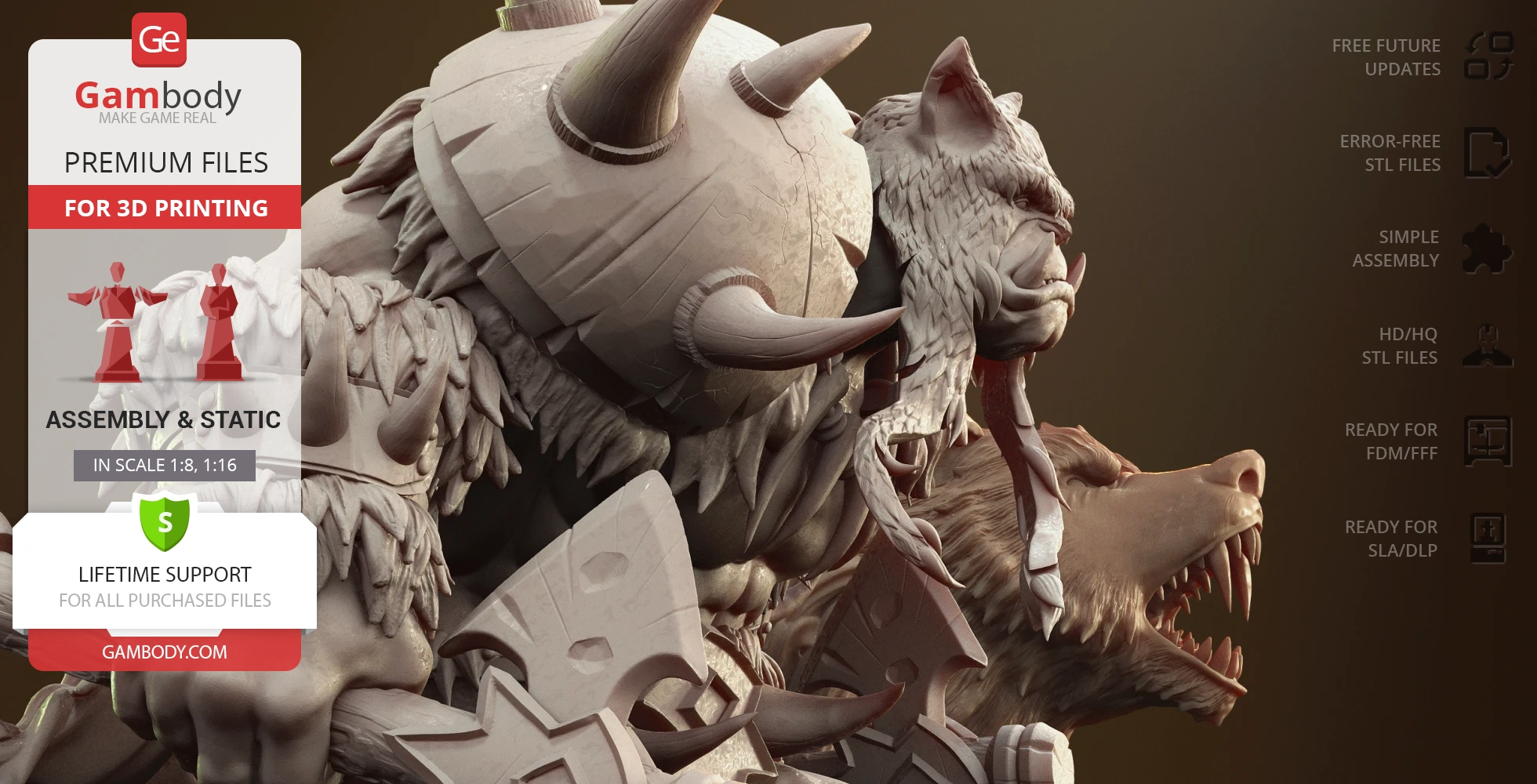 A detailed 3D model of a warrior with spiked armor and a large bear-like creature.