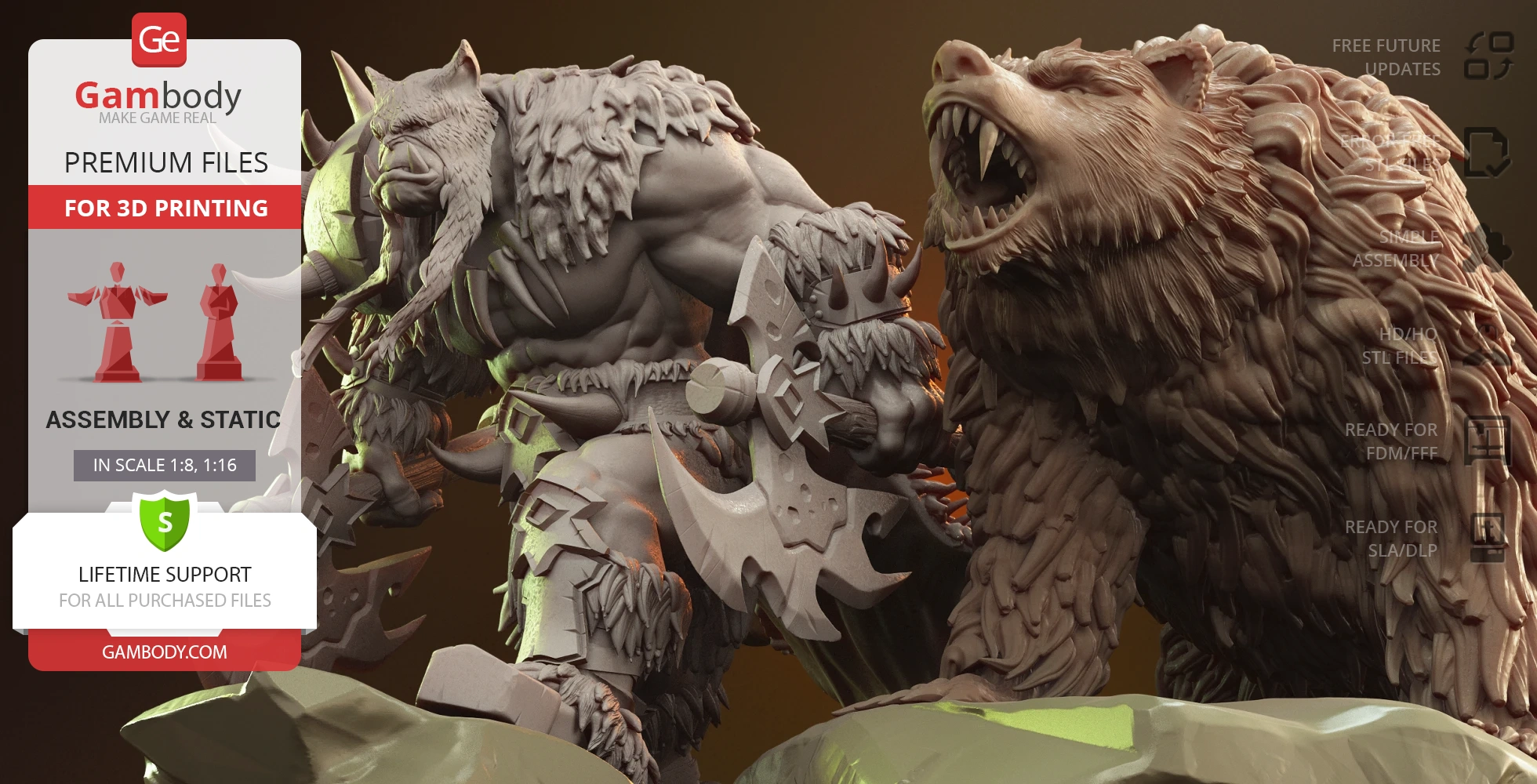 A detailed 3D model of a muscular warrior with an axe and a roaring bear, ready for 3D printing.