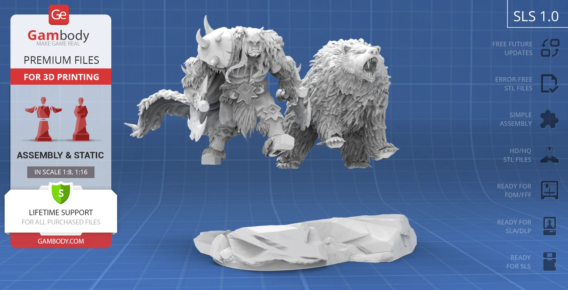 A warrior with a horned helmet and a bear companion, both detailed, ready for 3D printing on a base.