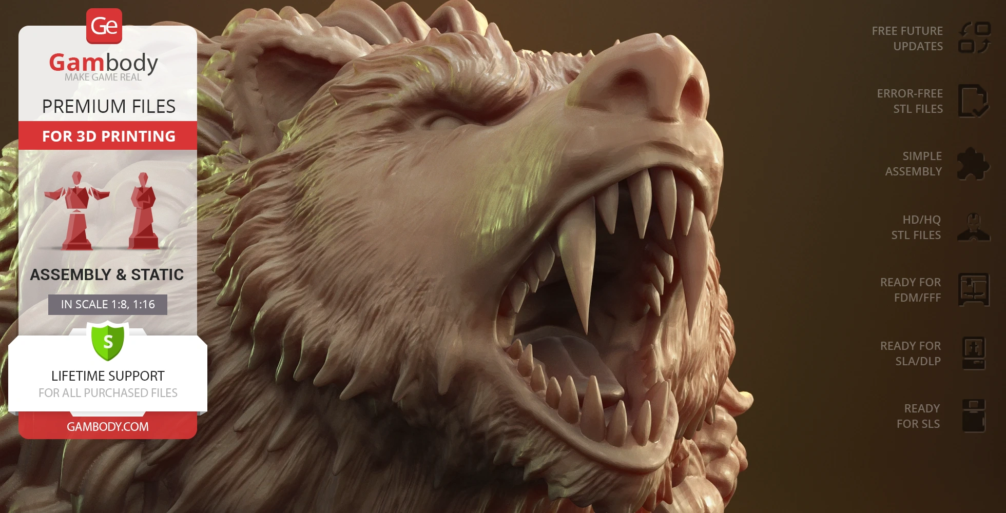 Close-up of a roaring bear head 3D model with detailed teeth and fur for printing.