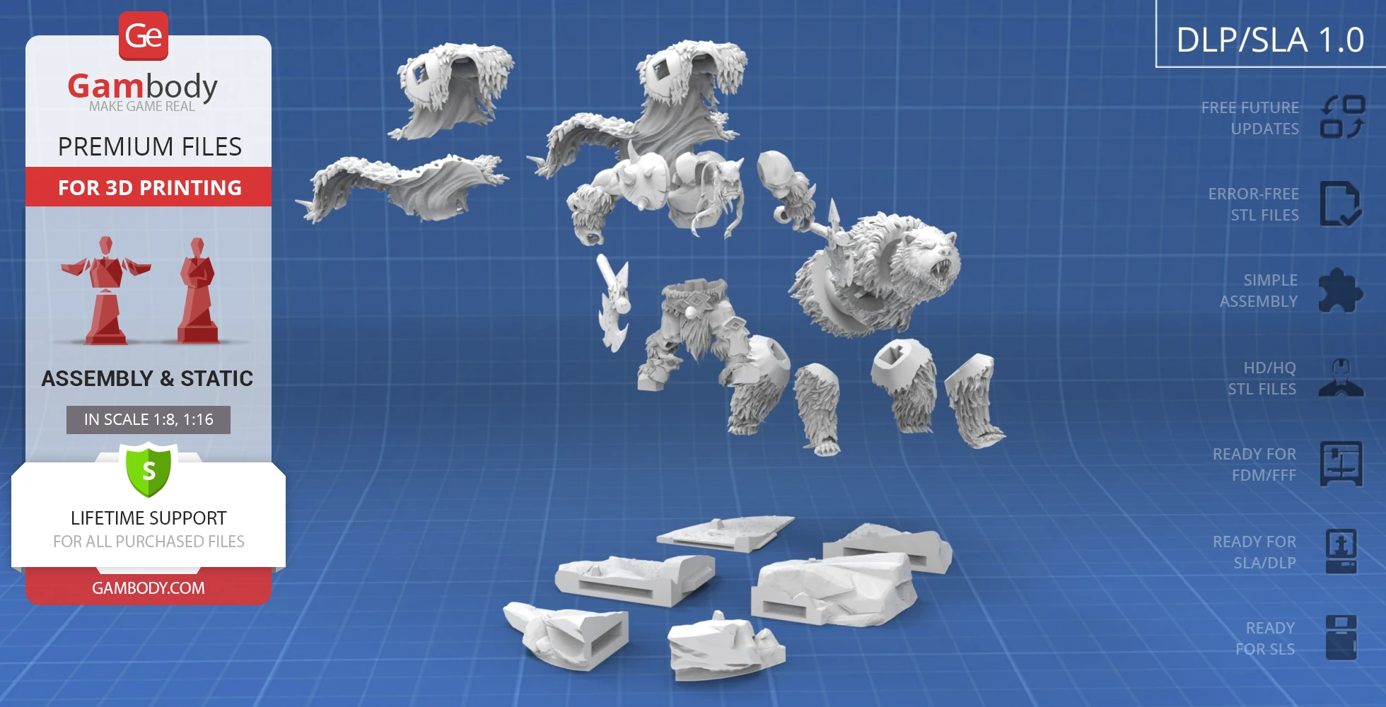 Assembly pieces of Rexxar and Misha figures for 3D printing on a blue grid background.