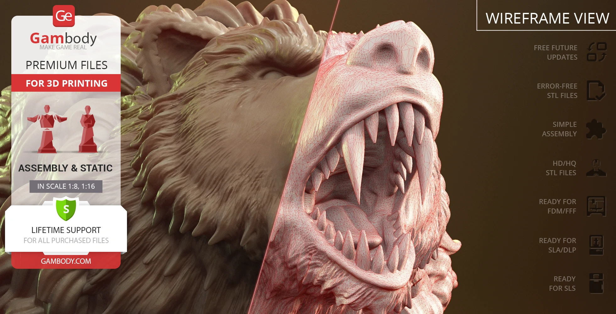 Detailed bear head model for 3D printing, with textured and wireframe views.