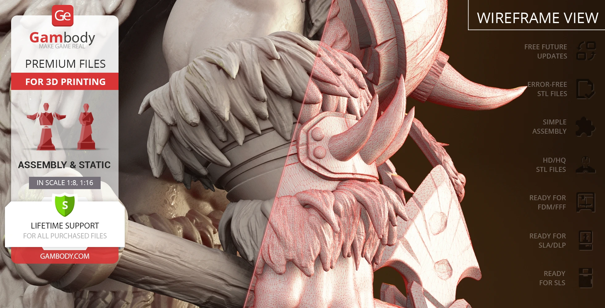 Detailed 3D model of a fantasy character with armor and texture detail, designed for 3D printing.