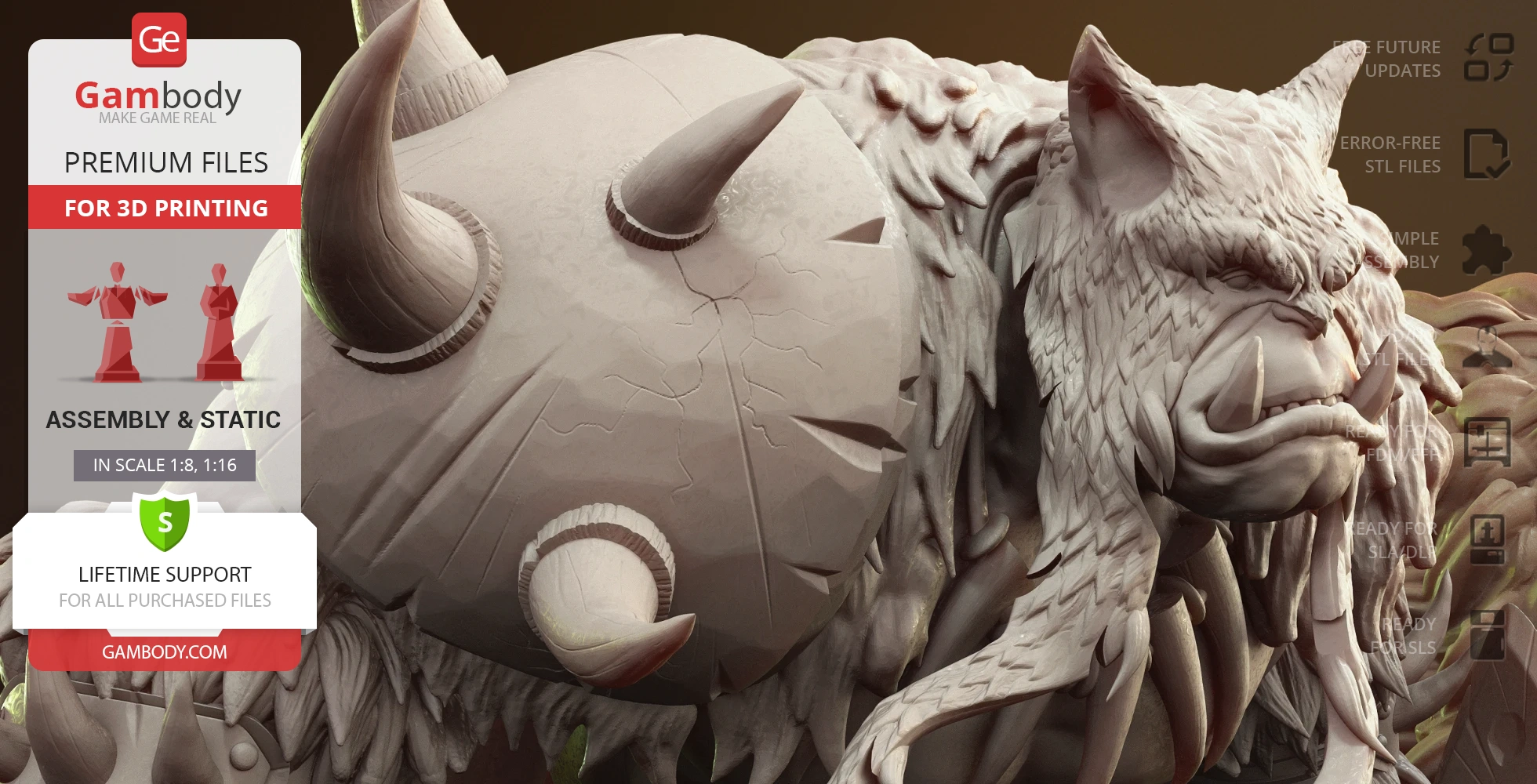 A detailed 3D model of a fierce, spiked creature with horns and tusks, designed for 3D printing.