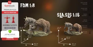 Orc warrior and a large bear on a rocky base, designed for 3D printing in two scales, 1:8 and 1:16.