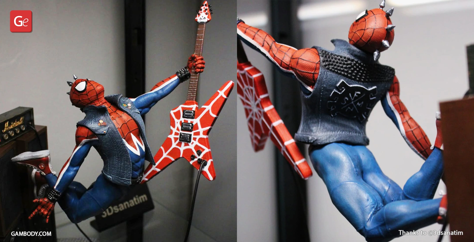 Spider-themed figure in punk attire, playing a red web-patterned guitar energetically.