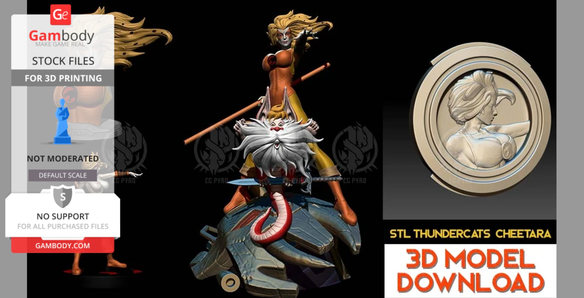 A dynamic 3D model of a female character from Thundercats, wielding a staff on a stylized base.