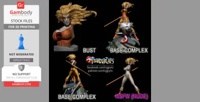 3D models of a dynamic female character with a staff. Includes bust, complex base, and NSFW versions.