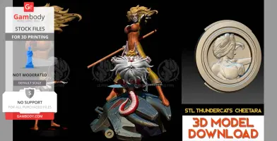 A dynamic 3D model of a female character from Thundercats, wielding a staff on a stylized base.