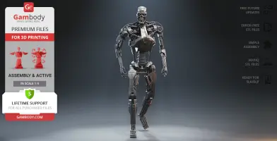 A metallic humanoid robot model stands against a plain background, promoting 3D printing STL files.