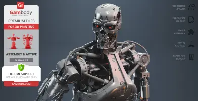 A detailed, robotic endoskeleton model with red eyes, designed for 3D printing by Gambody.