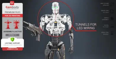 A T-800 Endoskeleton 3D model with LED wiring tunnels, offered by Gambody with premium 3D printing files.