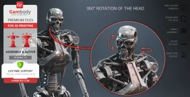 A futuristic endoskeleton model showcasing a 360° head rotation for 3D printing assembly.