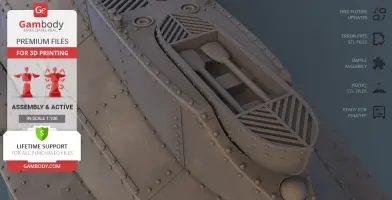Close-up of a detailed submarine model for 3D printing by Gambody, showcasing rivets and deck structure.