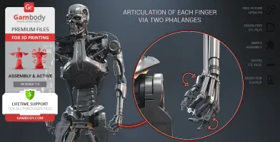 3D model of a T-800 endoskeleton hand with articulated fingers for printing, shown with features and specifications.