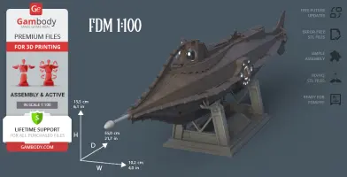 3D model of the Nautilus submarine from '20,000 Leagues Under the Sea' on display stand.