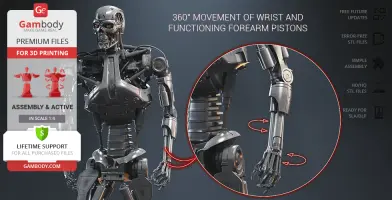 A robotic T-800 endoskeleton model showing wrist movement and detailed forearm pistons.