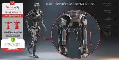 A detailed T-800 endoskeleton 3D model with functioning leg pistons, highlighted features for 3D printing.