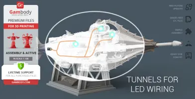 3D model of a Nautilus submarine with LED wiring tunnels, highlighting features for 3D printing.