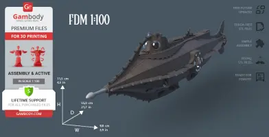 A detailed 3D model of the Nautilus submarine, showcasing dimensions and specifications for printing.