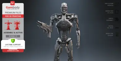 A 3D model of a robotic endoskeleton holding a futuristic gun, ready for 3D printing.