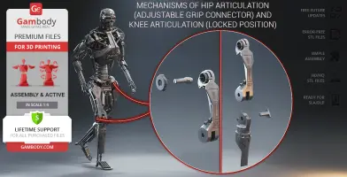 3D model of a T-800 Endoskeleton with hip and knee articulation mechanisms highlighted.