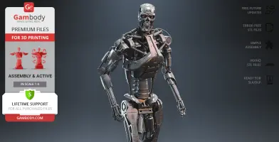 A detailed T-800 Endoskeleton 3D model for printing, featured with assembly options and support from Gambody.