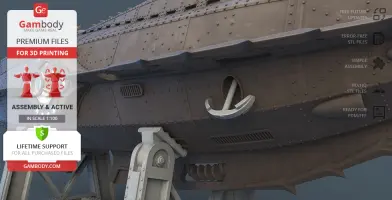 Close-up of a detailed 3D model of the Nautilus submarine, showing riveted panels and an anchor.