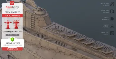 Close-up of a detailed 3D model submarine with Gambody branding and print specifications.