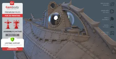 A detailed 3D model of a submarine with riveted panels, designed for 3D printing, shown on a promotional image.